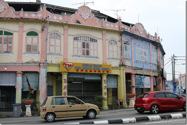 Pink and blue shophouses in Masjid Tanah