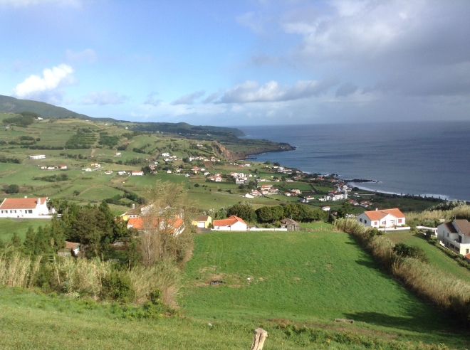 View of eastern Faial ovelooking the beach of Praia do Almoxarife and Pedro Miguel parish in the distance.